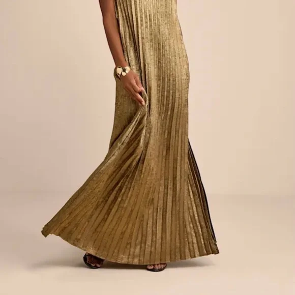 Lulus Averette Bronze Metallic Pleated One-shoulder Maxi Dress Gold Size L - Picture 1 of 10